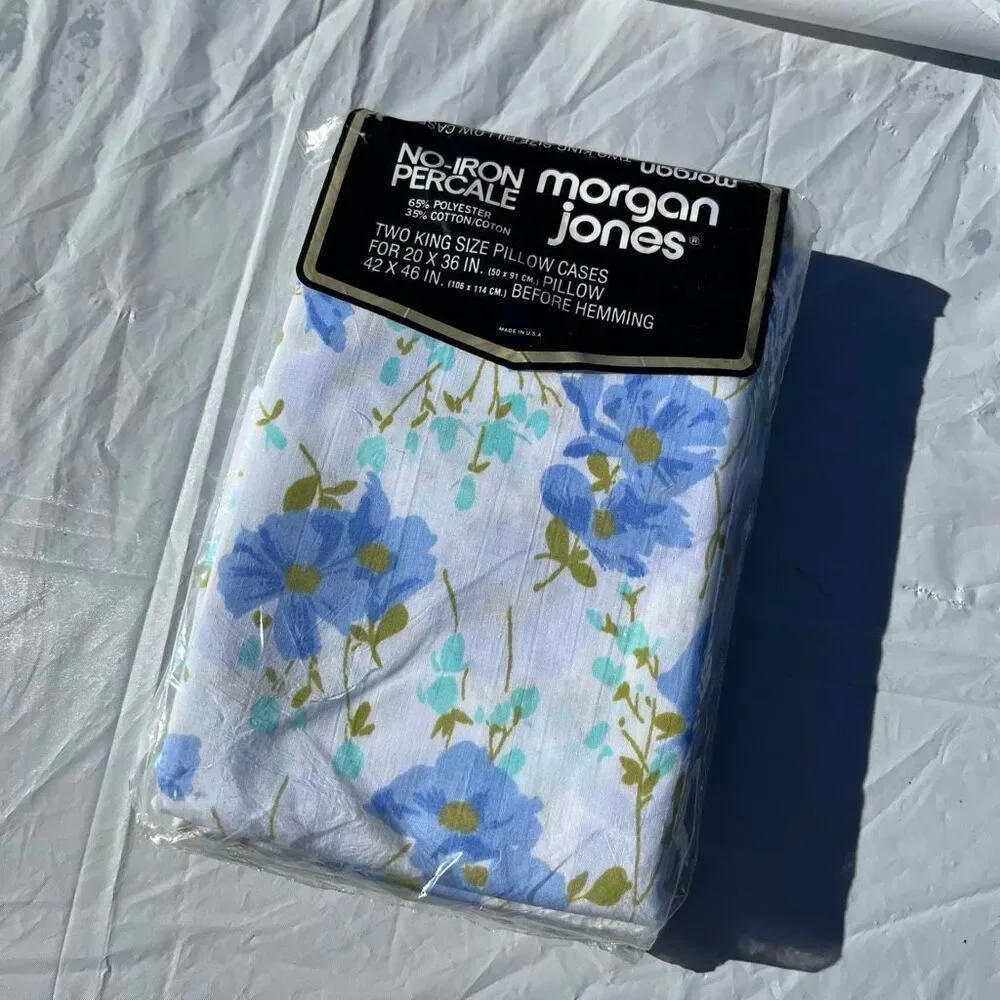 VTG Morgan Jones Blue Floral King Pillowcases NOS No-Iron Percale USA
